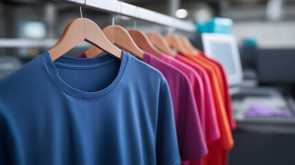 A print on demand apparel facility uses a bank of direct to garment printers to create custom clothing. The personalized fashion and promotional products are made to order