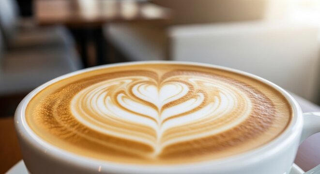 Hot latte coffee with beautiful heart shaped latte art in a white cup.