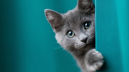 Gray cat peeking around teal curtain with curious expression in cozy indoor setting