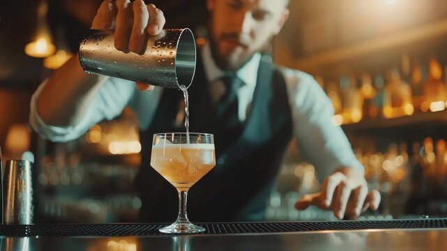 Bartender pouring cocktail into glass at bar counter with focus  