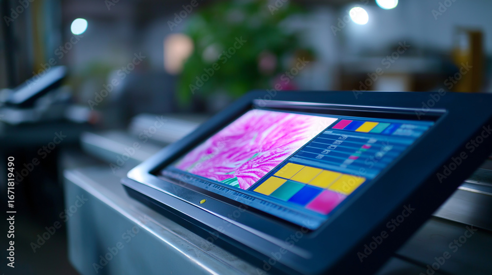 Poster an ai powered print optimization system analyzes a piece of artwork on a screen. the machine learnin