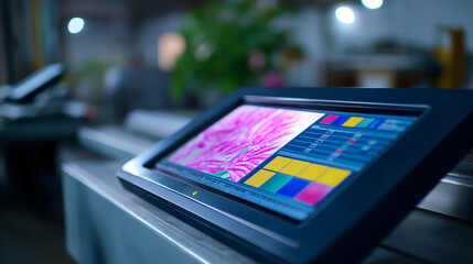 An AI powered print optimization system analyzes a piece of artwork on a screen. The machine learning technology intelligently adjusts color separations and prepress settings to