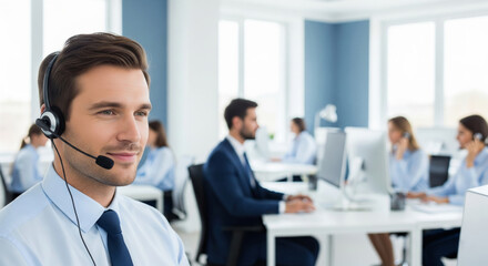 Obraz premium Businessman with Headset Offering Customer Service Support in Call Center Environment