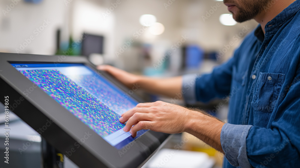 Poster an ai powered print optimization system analyzes a piece of artwork on a screen. the machine learnin