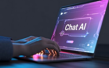 Person typing on a laptop with chat ai displayed on the screen