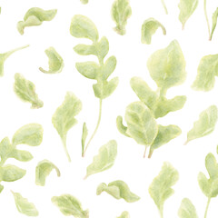 Watercolor Radish Leaves Seamless Botanical Pattern. Green watercolor radish leaves seamless pattern. Perfect for eco branding, rustic kitchen design, botanical fabric, and herbal packaging