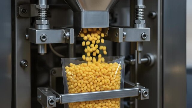Yellow food pellets and corn kernels fall into plastic bag during automated food processing industry packaging with stainless steel machinery