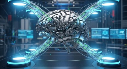 Futuristic artificial intelligence brain with glowing connections and metal design