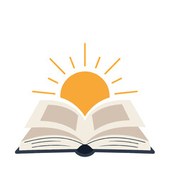 Open book revealing a radiant sun rising above the pages, symbolizing knowledge, learning, and new beginnings with a hopeful and inspiring theme.