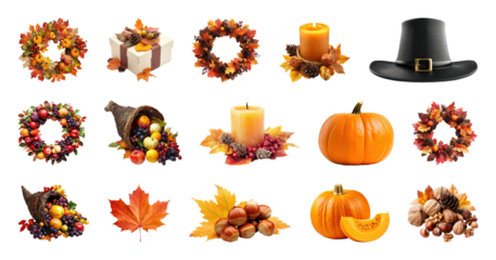 PNG Autumn-themed decorative elements collection, element set on transparent background