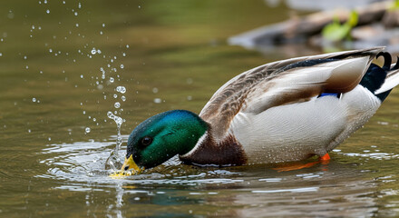 Obraz premium Mallard Duck Drinking Water with Droplets Splashing in Canadian River