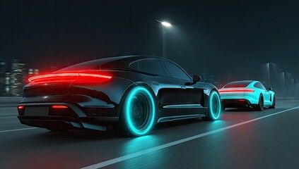 Obraz premium Futuristic electric vehicles on a city street at night.