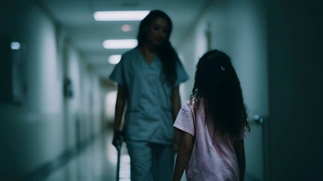 Nurse escorting a child with an IV pole through a hospital hallway - Powered by Adobe