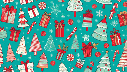 Cheerful Christmas Pattern with Kawaii Faces