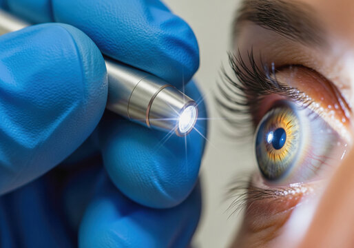 Doctor or nurse using a penlight to check a patient's pupillary response during an examination