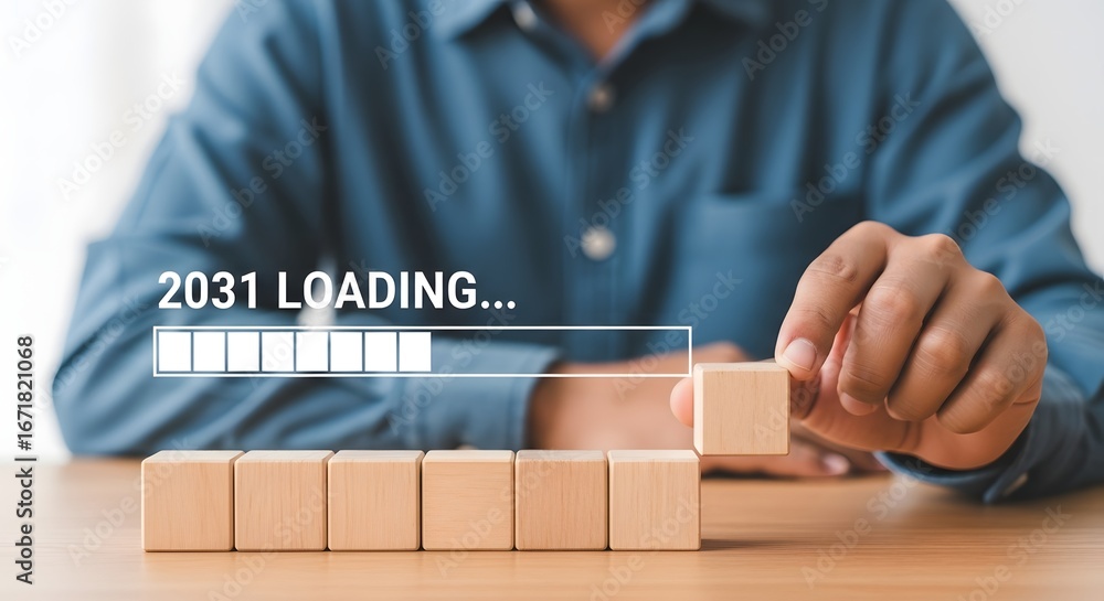 Poster exploring future trends and predictions for the year 2031 with loading bar concept and wooden blocks
