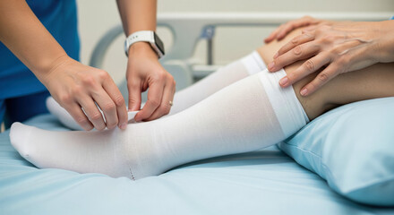 Nurse helping a senior patient put on compression socks for better circulation in a rehabilitation center