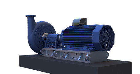 Close up of motor and pump assembly used in power transmission, pump alignment, and rotating equipment commonly found in factories, plants, and engineering facilities. 