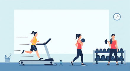 People exercising in a gym with treadmill, dumbbells, and kettlebell for fitness and health