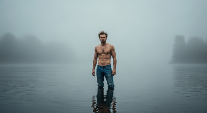 Misty Morning Reflection: A contemplative man stands waist-deep in tranquil water on a misty morning, enveloped in the calm embrace of nature, embodying inner peace and serenity.