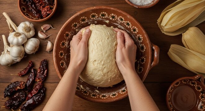 Tamale Prep Hands knead dough in a rustic bowl with spicy ingredients surround.