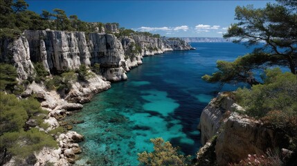 Scenic Coastal View of Clear Blue Waters and Rocky Cliffs Surrounded by Pine Trees Under a Bright Sky