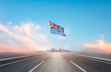 Fiji national flag with mast waving with beautiful skyline. A view from highway. Fiji flag for...