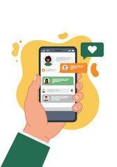 Hand holding a smartphone, for online digital technology business, vector illustration design