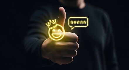 Get five star review rating concept with thumbs up for excellent customer satisfaction service