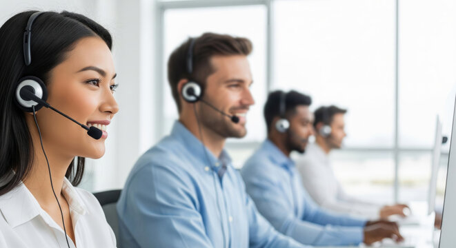 Customer Support Team Working in Modern Call Center Office with Headsets