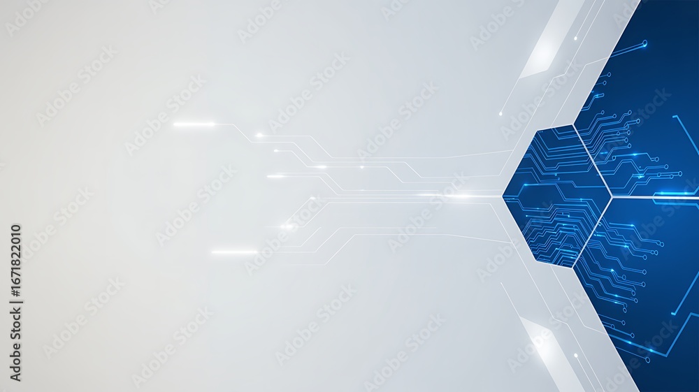 Poster futuristic blue hexagonal structure with digital data flow on white background
