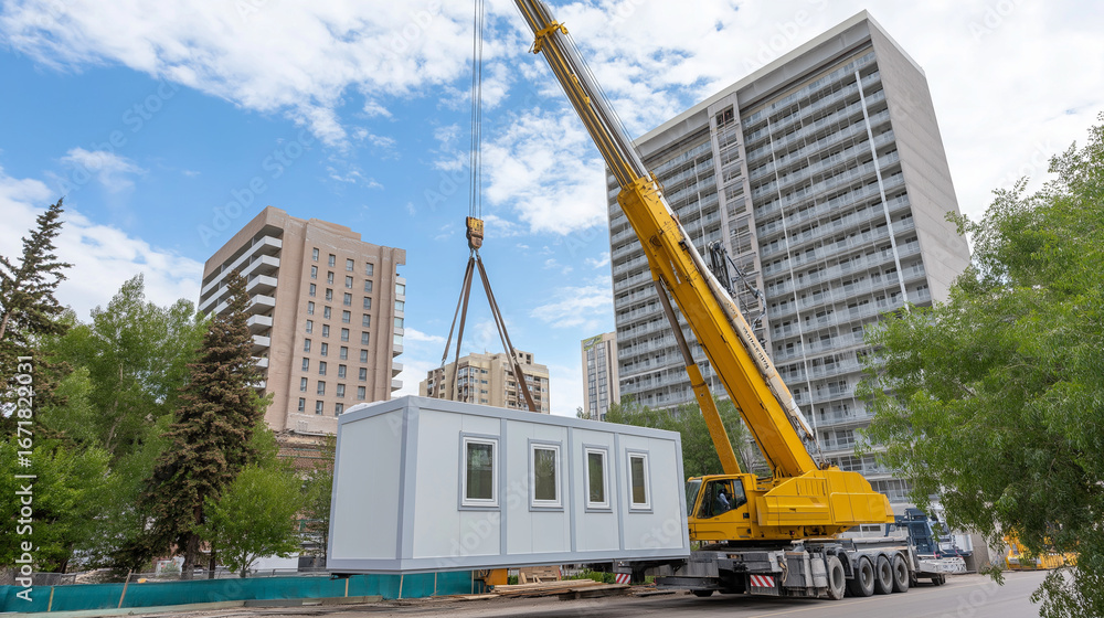 Poster a large construction crane installs a prefabricated building module at an urban development site. th