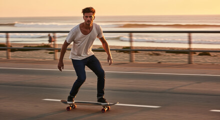 Skateboarding by the Seaside: A young man gracefully maneuvers on his skateboard along a coastal road.