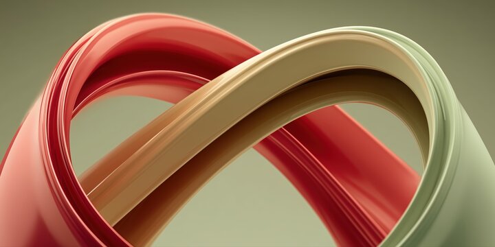 Modern intertwined ribbon loops with glossy texture in soft red, cream, and pale green tones