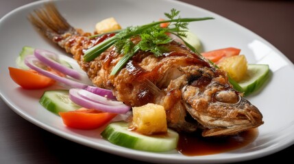 Delicious grilled fish dish with fresh vegetables restaurant culinary photography indoor setting gourmet presentation