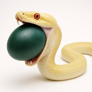Snake swallowing an egg on white background
