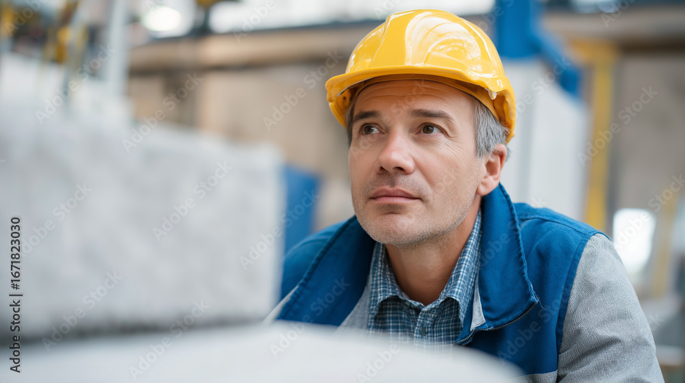 Poster a quality control inspector examines a prefabricated structural element in a factory before it is de