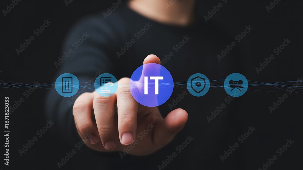 Aufkleber person touching a glowing it button with digital icons in a row
