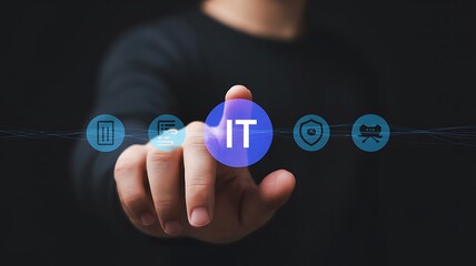 Person touching a glowing it button with digital icons in a row