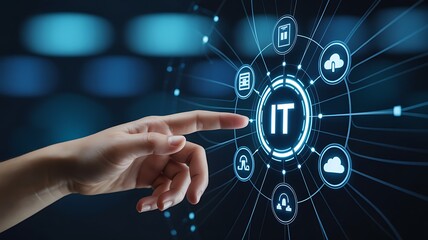 Human finger touching a glowing it network hub with digital icons
