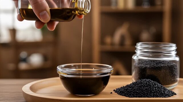 Hand Pouring Herbal Oil Into A Glass Bowl Displaying Black Seeds And Glass Bottle On Wooden Tray
