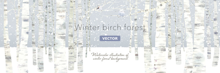 雪降るシラカバの森の背景。水彩イラスト。（ベクター。レイアウト変更可能）