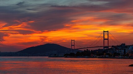 Stunning Sunset Over a Bridge with Colorful Skies and Reflective Water in an Urban Landscape