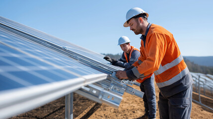 A solar farm construction site shows workers installing large photovoltaic panels onto specialized mounting systems. The renewable energy infrastructure is being built to support