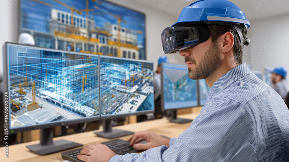 Poster a digital twin of a construction project is shown with a detailed 3d building model displayed on mul