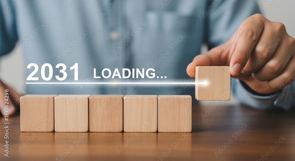 Poster preparing for the future loading year two thousand thirty one with wooden blocks concept design