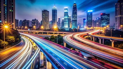 Obraz premium Vibrant city skyline with glowing light trails on highway
