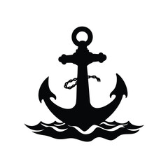 A bold silhouette of an anchor resting on stylized ocean waves, anchor in waves silhouette vector illustration