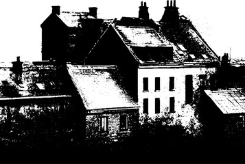 Obraz premium Grunge black and white illustration of snowy roofs in winter urban scene