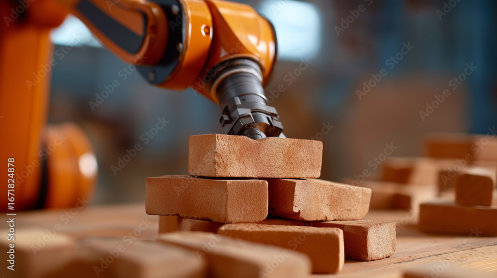 Poster robotic construction equipment performs an automated task such as a robotic arm laying bricks with p